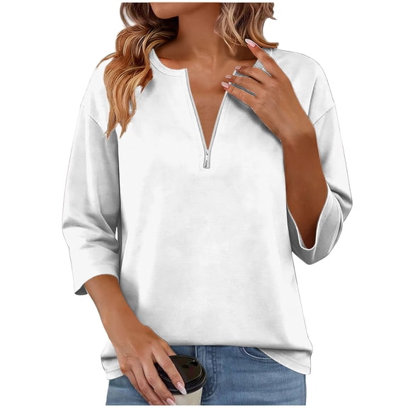 Besolor 3/4 Sleeve Tops for Women Quarter Zipper V Neck Causal Loose Pullover Athletic Golf Shirts Solid Color