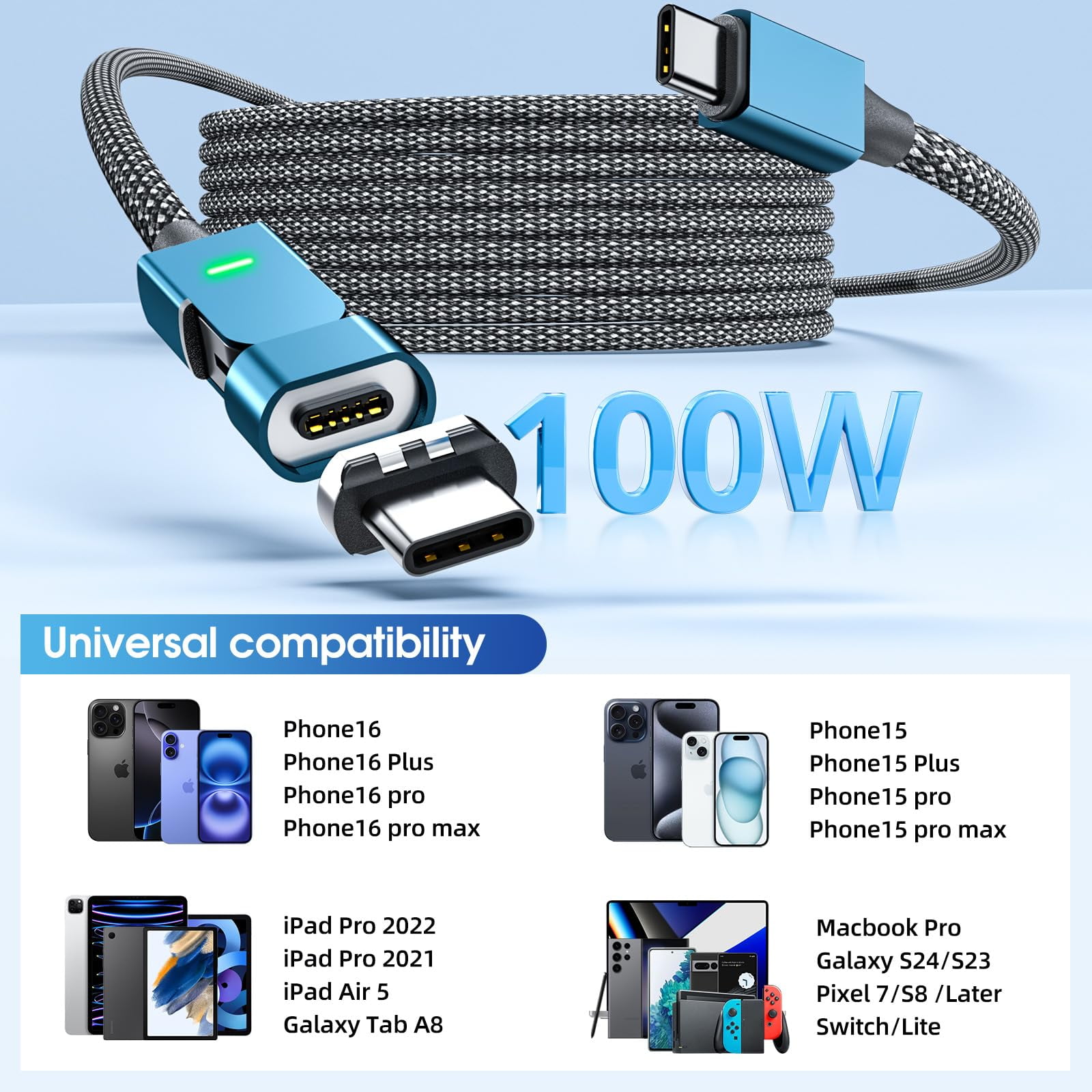 100W USB C Magnetic Charging Cable,(3 Pack 6FT) 180°Rotation USB C to USB C Magnetic Cable 5A Fast Charging Data Transfer Magnetic Charger Cable for iPhone 16 15,14,13 Pro Max, MacBook Pro,iPad.