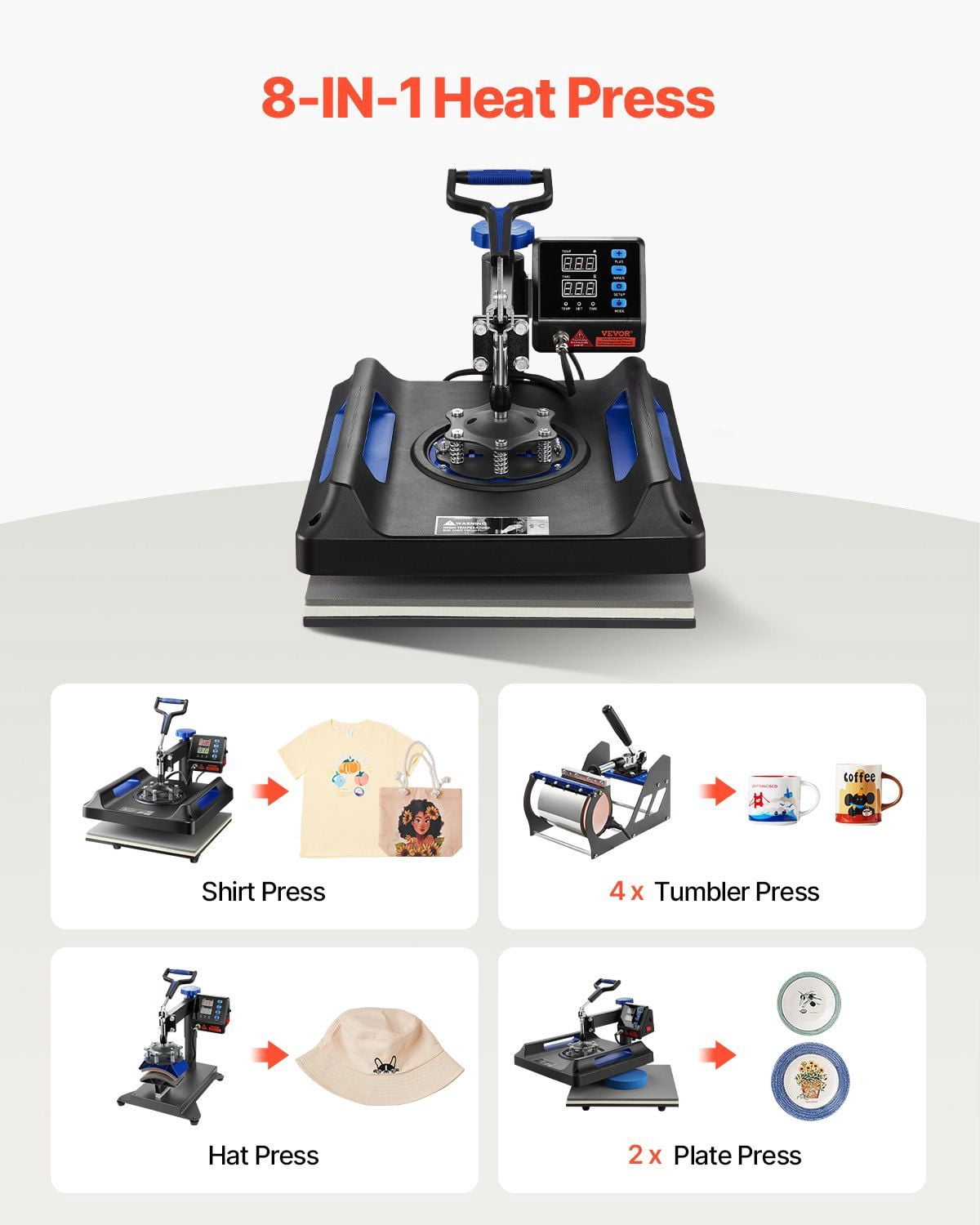 8-in-1 Heat Press Machine 15x15 Inch - Sublimation Transfer Printer for Fabrics & Mugs