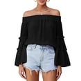 thumbnail image 5 of Tqcoqu Women's Off Shoulder Top,Ruffle Long Sleeve Chiffon Blouse,Casual Loose Trendy Shirts,Black Women's S-XXL, 5 of 8