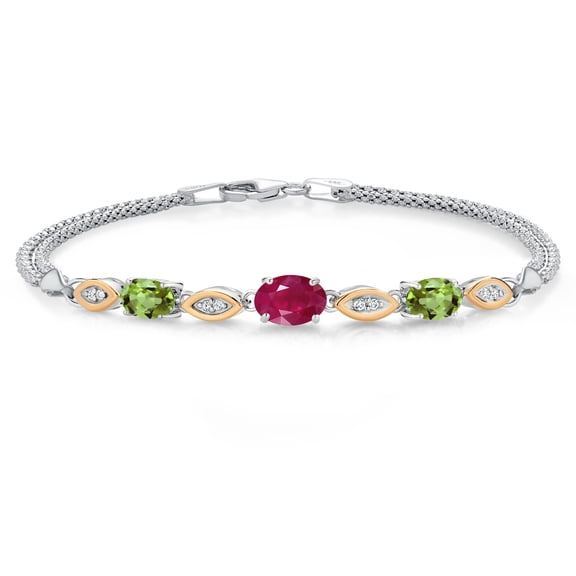Gem Stone King 925 Silver and 10K Yellow Gold Red Ruby and Green Peridot and White Lab Grown Diamond Bracelet for Women (2.06 Cttw, Gemstone July Birthstone, Oval, Wheat Chain, 7 inches)