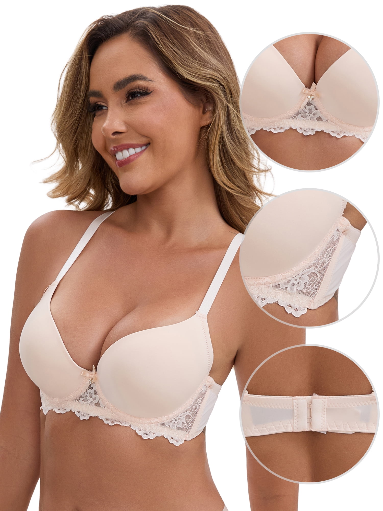 DARING DIVA Lace Plunge Push Up Underwired Bra Adjustable Straps 38B Light Pink