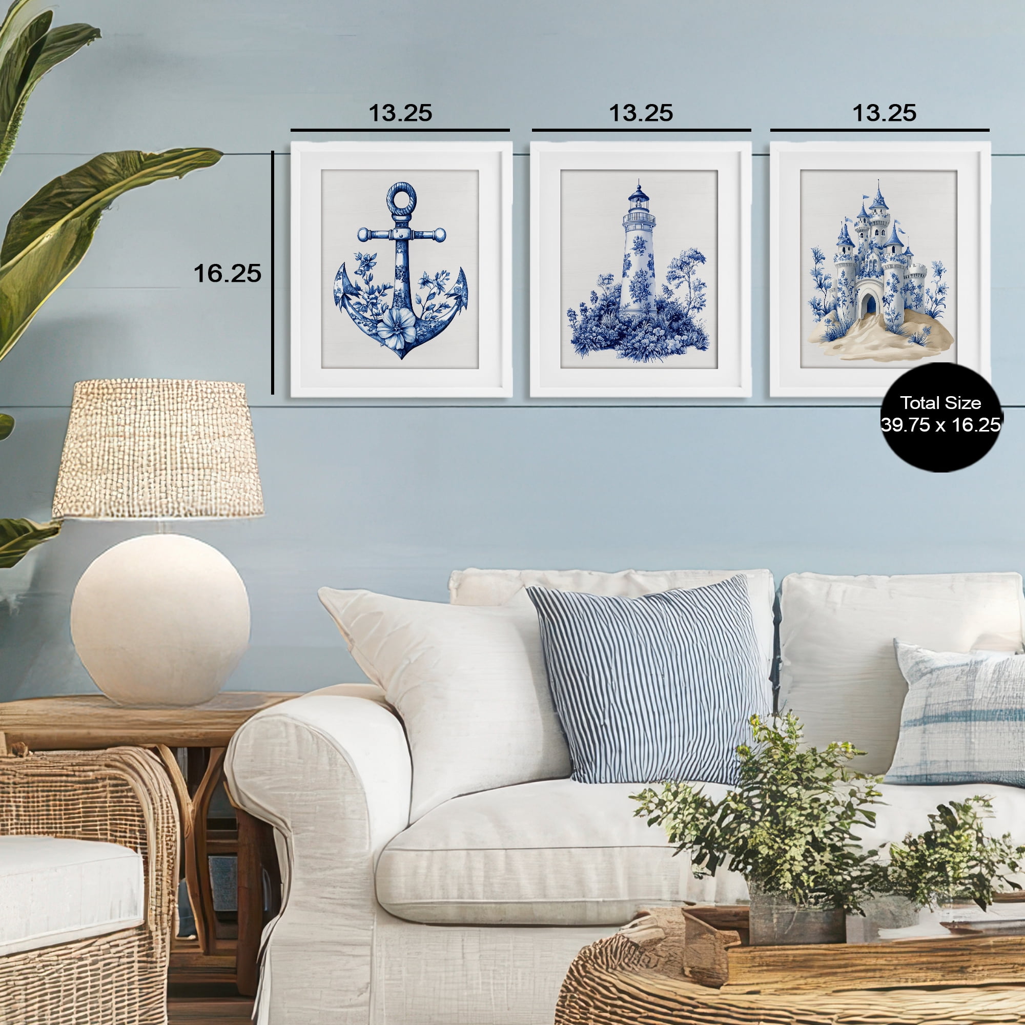 Ornate Nautical Toile Patterns 3 Piece White Framed Print Under Glass Set, design by Lettered and Lined