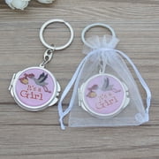 12 pcs of Baby Shower Pink Blue Stork Design Mirror Keychain Party Favor Set With Organza Bag New Born Baby Gift Ideas JK195G-PNK