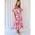 thumbnail image 3 of Women'S Summer Casual Midi Dress Puffy Short Sleeve Square Neck Smocked Tiered Ruffle Dresses Light Red Flowers S, 3 of 5