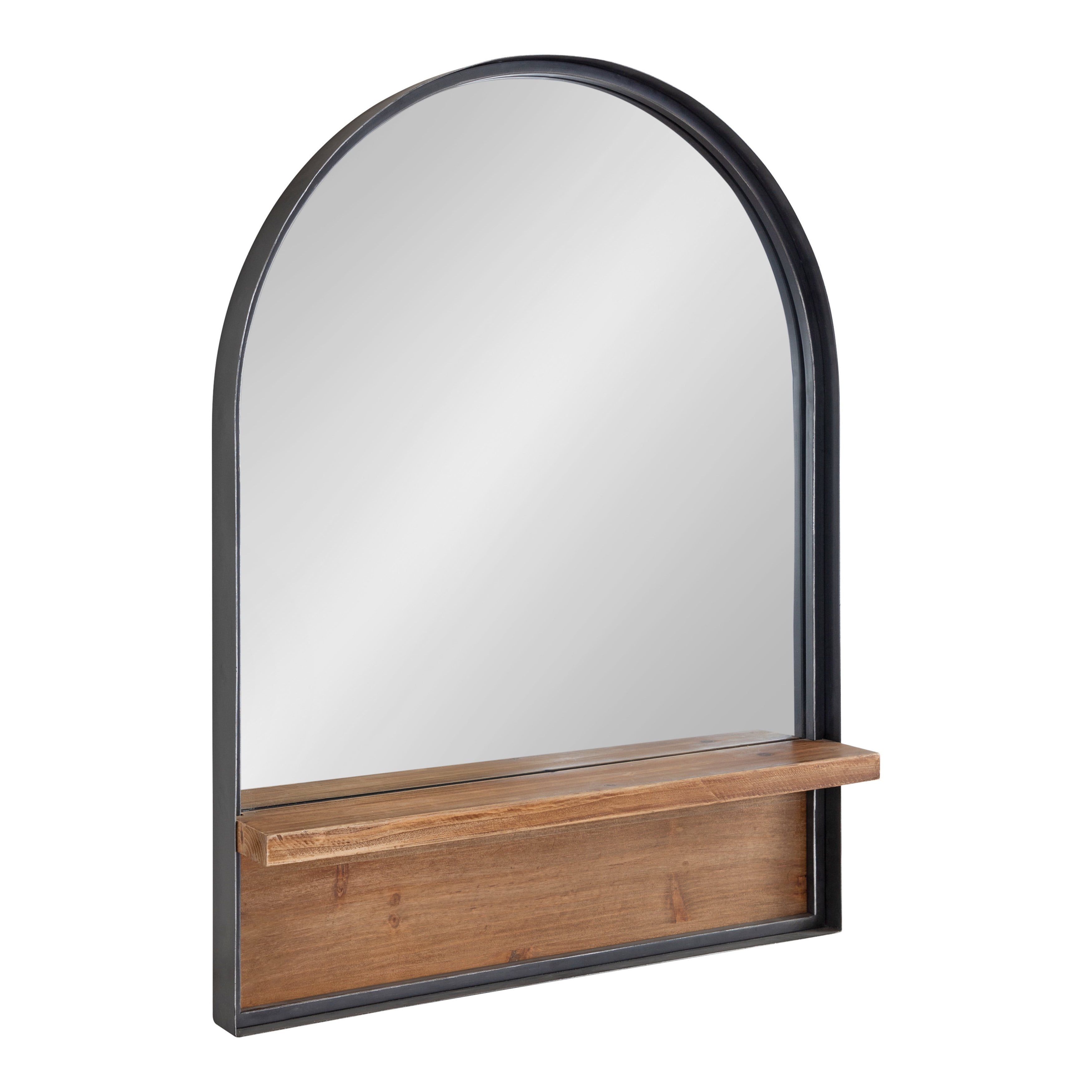 Arch Black Framed Wall Mirror with Wood Ledge