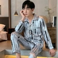 thumbnail image 4 of Pijama de seda de imitación fina de primavera y verano, cárdigan de jacquard para hombre, pantalones de manga larga, traje de casa de talla grande, traje para hombre, 4 of 6