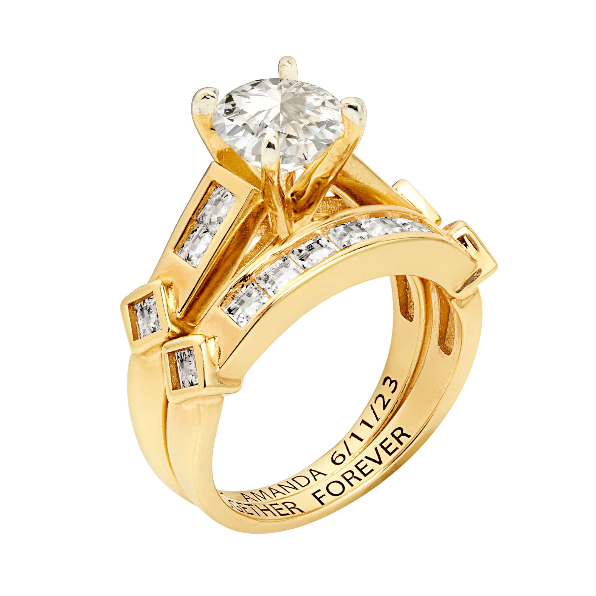 Vow & Forever Personalized Planet Bridal 14K Gold over Sterling Silver Brilliant White Topaz 2 Piece Engraved Wedding Set ,Women's