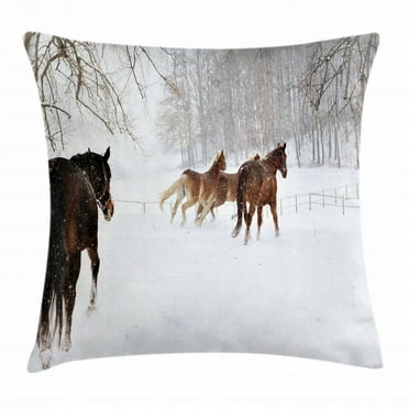 Winter Throw Pillow Cushion Cover, Horses in the Snow Playing Having Fun in the Forest Seasonal Animal Photography, Decorative Square Accent Pillow Case, 16 X 16 Inches, Brown White, by Ambesonne