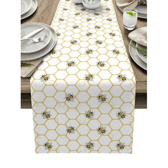 Table Runner Dresser Scarves 90 Inch Long, Farmhouse Garden Bees Honeycomb Linen Dining Table Runners Geometric Gold Hexagon Tabletop Scarf for Wedding Holiday Party Kitchen