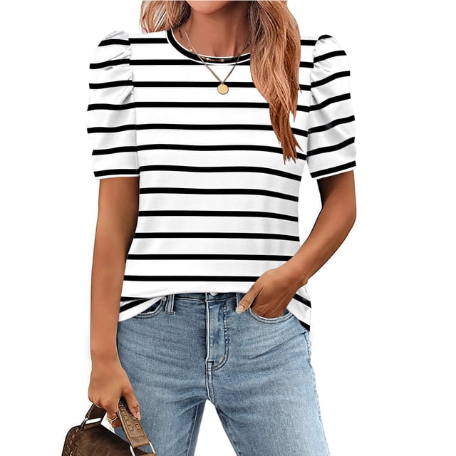 Camiseta tipo túnica Zeagoo con mangas abullonadas para mujer, talla grande, blanco/negro