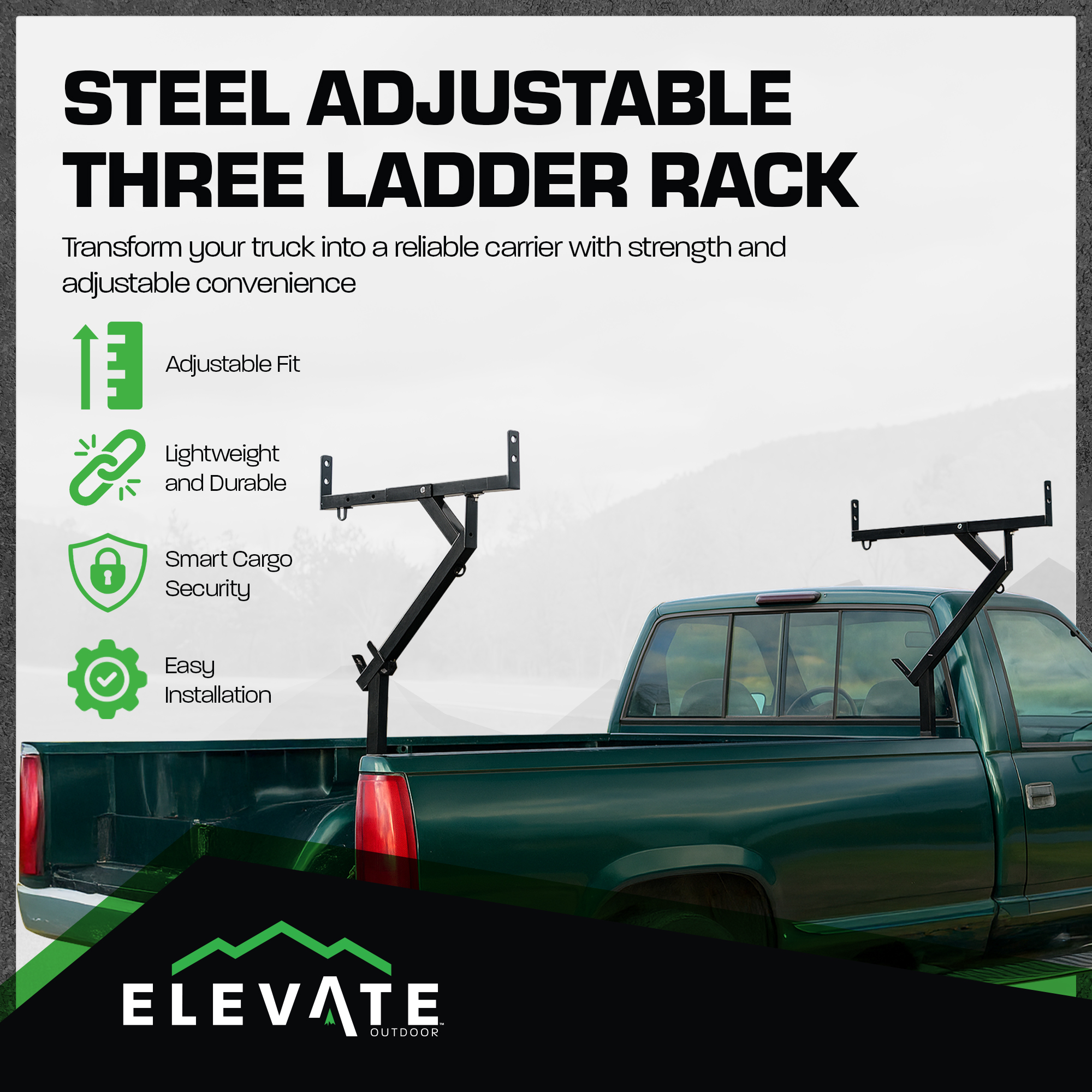 Elevate Outdoor Truck 3 Ladder Rack Steel Pickup Bed Cargo Carrier System, Black