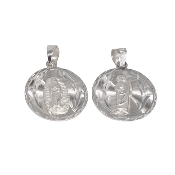 MST 925 Sterling Silver Virgin Mary & San Judas Double-Sided Diamond Cut Round Pendant, Unisex, All Ages