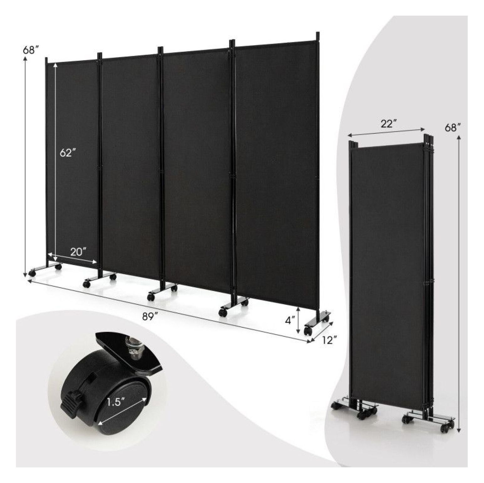 Yunken 4-Panel Folding Room Divider with Lockable Wheels, 5.6 Ft Tall Portable Privacy Screen for Home & Office Use