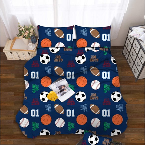 All American Collection Kids Boys Girls Teens Children Soft Comfortable Printed Fitted Flat Bedroom Bed Sheet Set (Full, Dark Blue Sports)