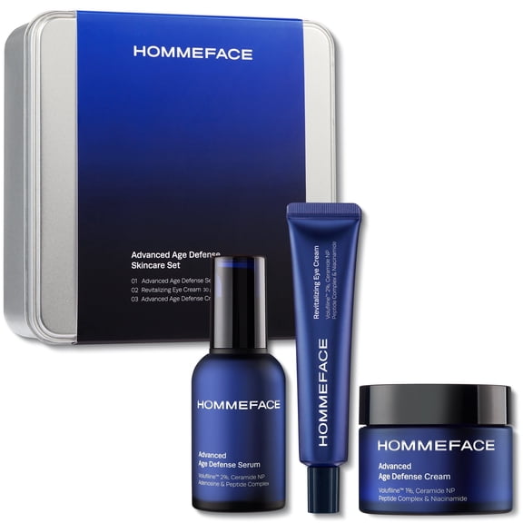 HOMMEFACE Advanced Age Defense Men's 3-Step Anti Aging Wrinkle Skincare Set - Facial Serum, Eye Cream & Face Cream, Net 4.5 oz