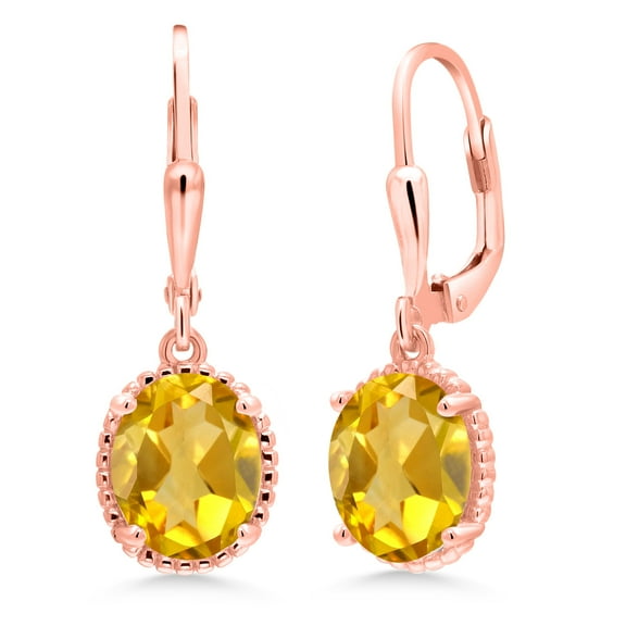 Gem Stone King 18K Rose Gold Plated Silver Yellow Citrine Leverback Dangle Earrings for Women (3.00 Cttw, Gemstone November Birthstone, Oval 9X7MM)