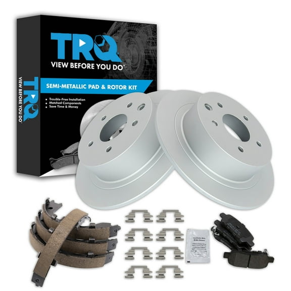 TRQ Rear Brake Pad & Rotor Kit Brake Pads Brake Rotor Parking Brake Shoe Set Semi-Metallic Premium G-Coated Fits Select 2002-2021 Nissan Altima 2004-2018 Maxima