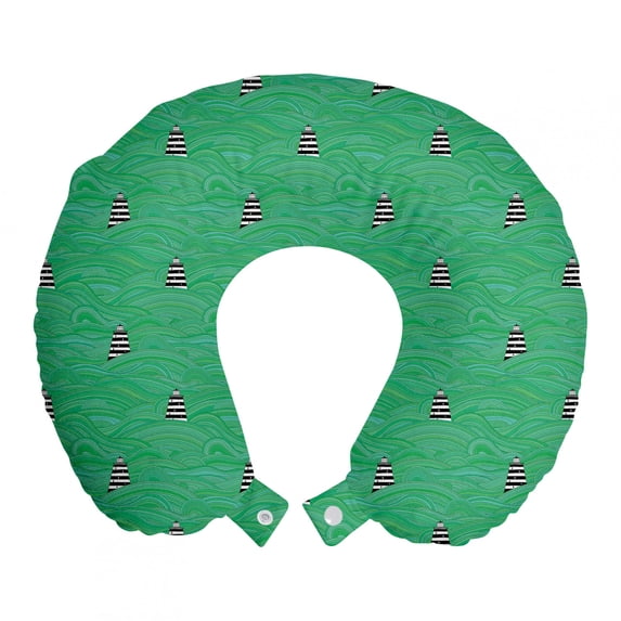 Lighthouse Travel Pillow Neck Rest, Abstract Ocean Waves Pattern Swirl Stripes Nautical Vintage Marine, Memory Foam Traveling Accessory Airplane and Car, 12", Green Black White, by Ambesonne