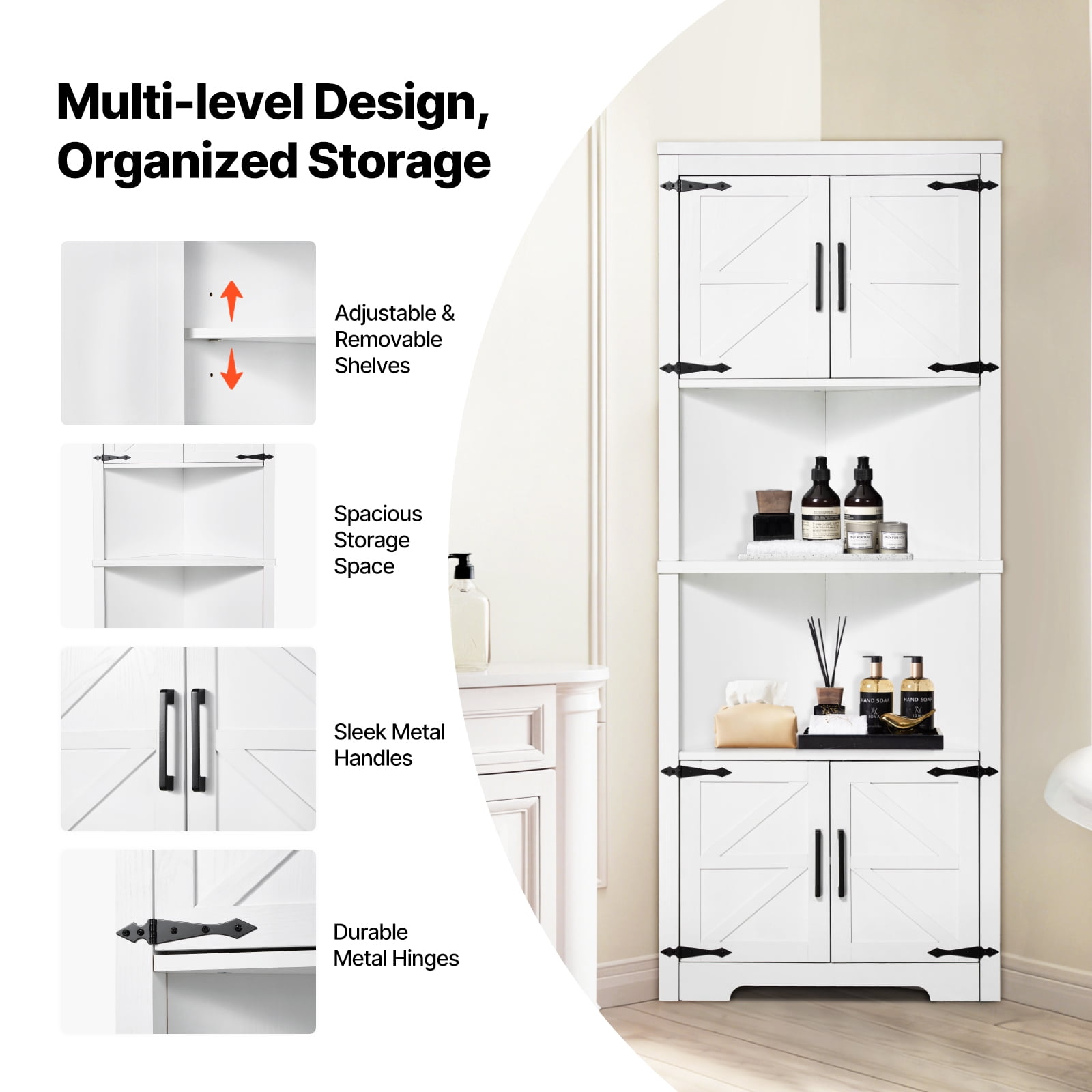 KFFKFF 68" High Corner Storage Unit, 6-Level Rustic Storage Cabinet with 4 Timber Doors & Flexible Shelves, Standalone Corner Cabinet for Lounge, Kitchen, Utility Room, in White