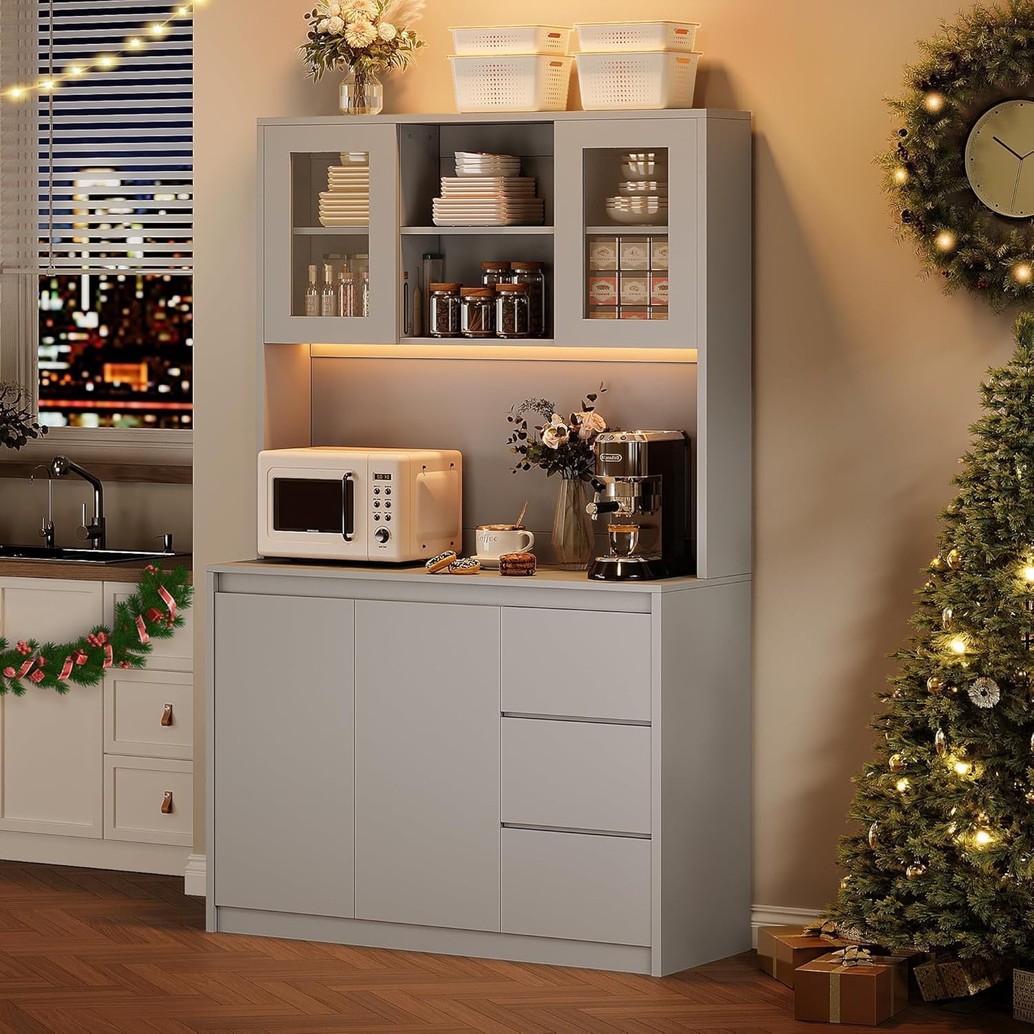 Freestanding Pantry Cabinet with Adjustable Shelf, Food Pantry with 4 Doors & 3 Drawers, Kitchen Pantry Cabinet with Built in Power Hub for Dining Room Gray