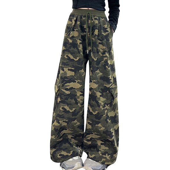 TIREOW Girls Cargo Pants Camouflage Color Elastic High Waist Wide Leg Drawstring Cargo Trousers Fashion Streetwear Cargo Pants