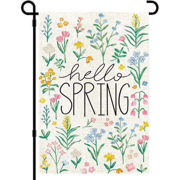 Hello Spring Garden Flag 12x18 Inch Vertical Double Sided Burlap Spring Tulip Flowers Flag Holiday Yard Sign for Outdoor Garden Seasonal Farmhouse Spring Summer Decoration