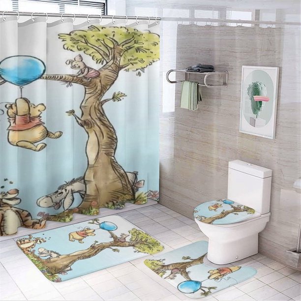 Juego de 4 cortinas de ducha de Winnie The Pooh con alfombrillas antideslizantes, tapa de inodoro y alfombrilla de baño, cortina de ducha impermeable con dibujos animados para niños con 12 ganchos,