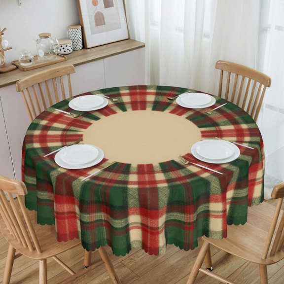 Red Green Tartan Plaid Wreath Round Tablecloth Waterproof Oil Proof Spill Proof Table Cloth 70" for Camping, Dining, Indoor and Outdoor Table Cover