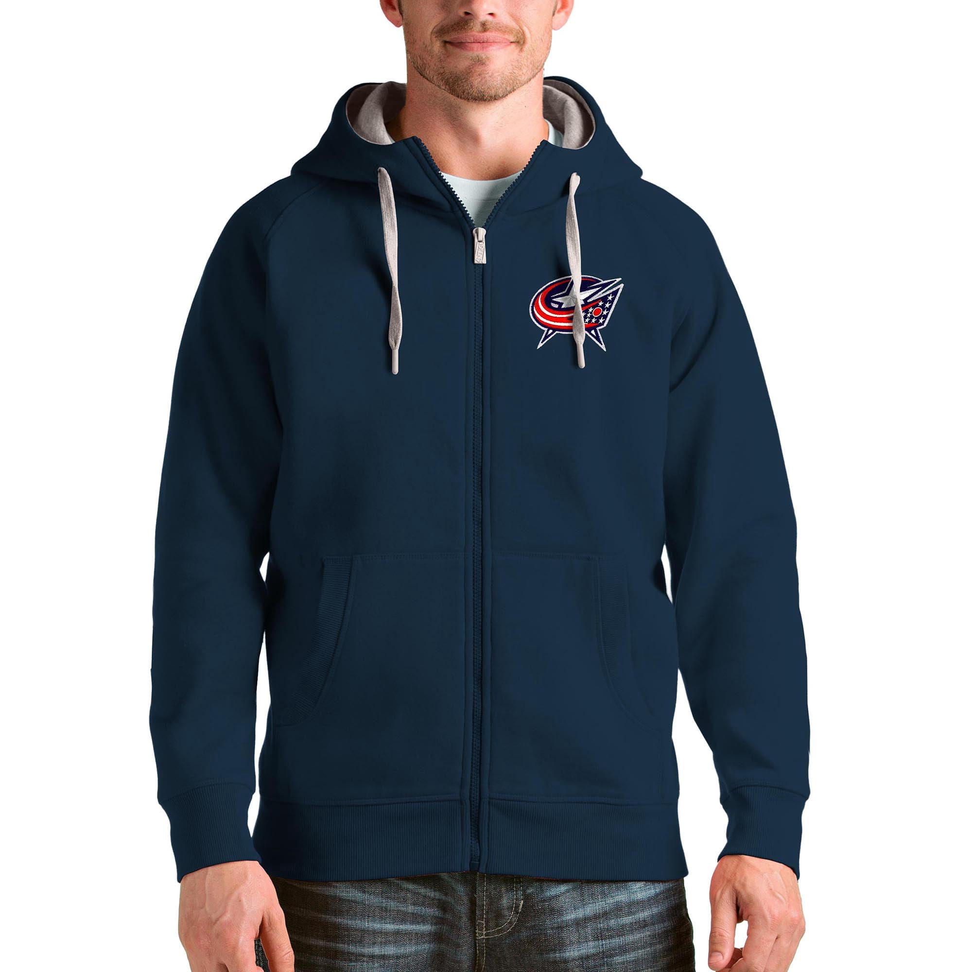 Men's Antigua Navy Columbus Blue Jackets Logo Victory Full-Zip Hoodie