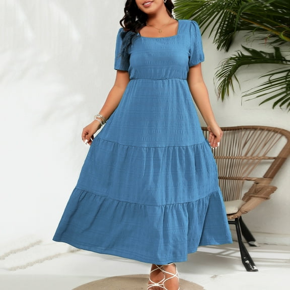 Zedker Women Dress Fall Fashion Short Puff Sleeve Square Neck Smocked Tiered Summer A Line Elegant Maxi Winter Dresses Plus Size Blue L
