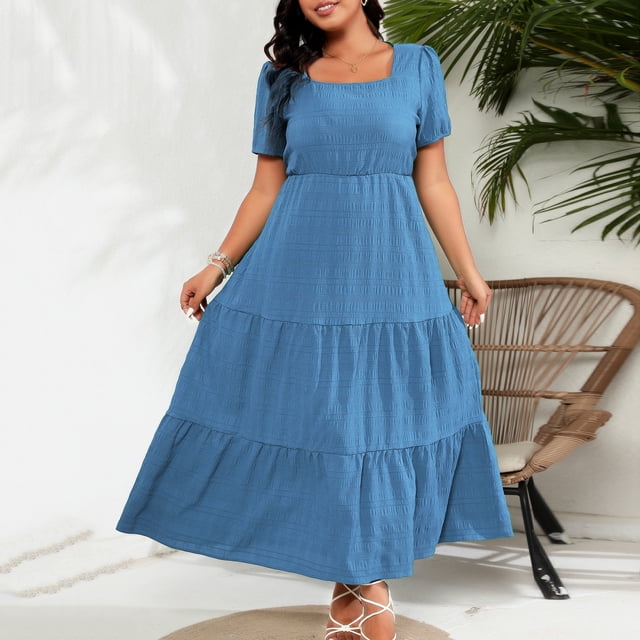 Gspmoly Robes pour Femmes, Robe à Encolure et Dos Plissés à Manches Courtes avec Poche pour Femmes Grande Taille, Robes de Cocktail pour Femmes jusqu'à 65 % de Rabais