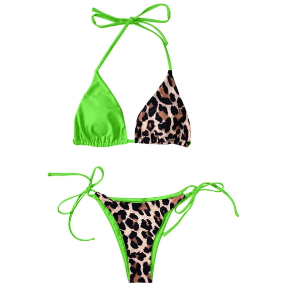 Odeerbi Two Piece Bikini Lace Up Triangle Swimsuit Erogenous Strap Swimwear Color Matching Splicing Beachwear Green