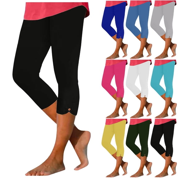 Shadoumai Capri Leggings For Women Summer Casaul Plus Size High Waisted Knee Length Stretchy Pant Workout Yoga Cropped Pants
