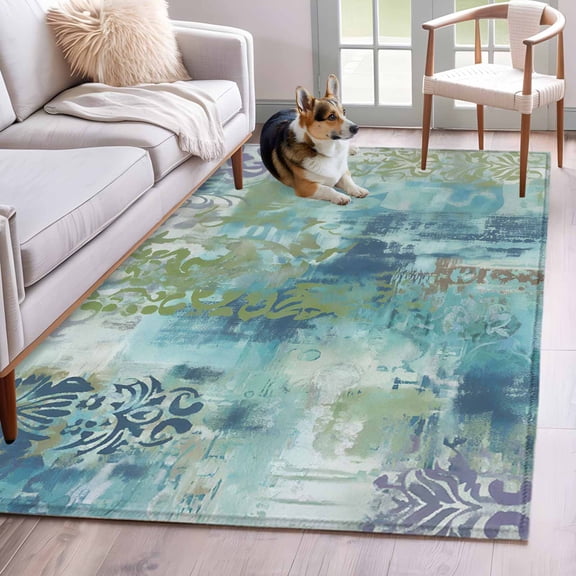 Area Rug for Living Room, Blue Sage Green Boho Non-Slip Indoor Large Carpet for Bedroom/Dining Room, Vintage Ethnic Tribe Abstract Art Washable Low-Profile Rectangle Floor Mat Runner Rugs - 3 x 5 Ft
