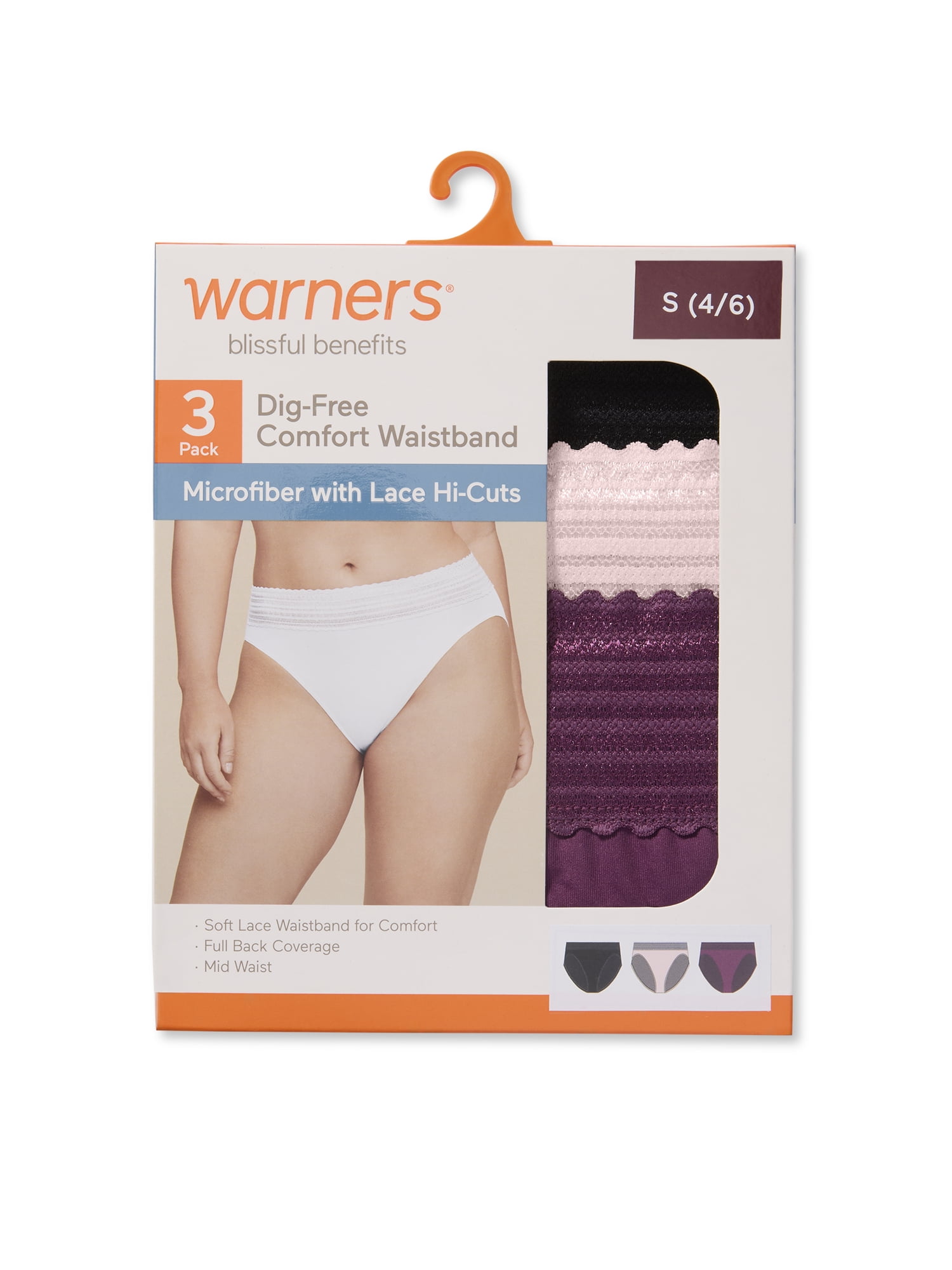 Warners® Blissful Benefits Women's Dig-Free Comfort Mid Waist Microfiber Hi-Cut with Lace 3-Pack S-3XL