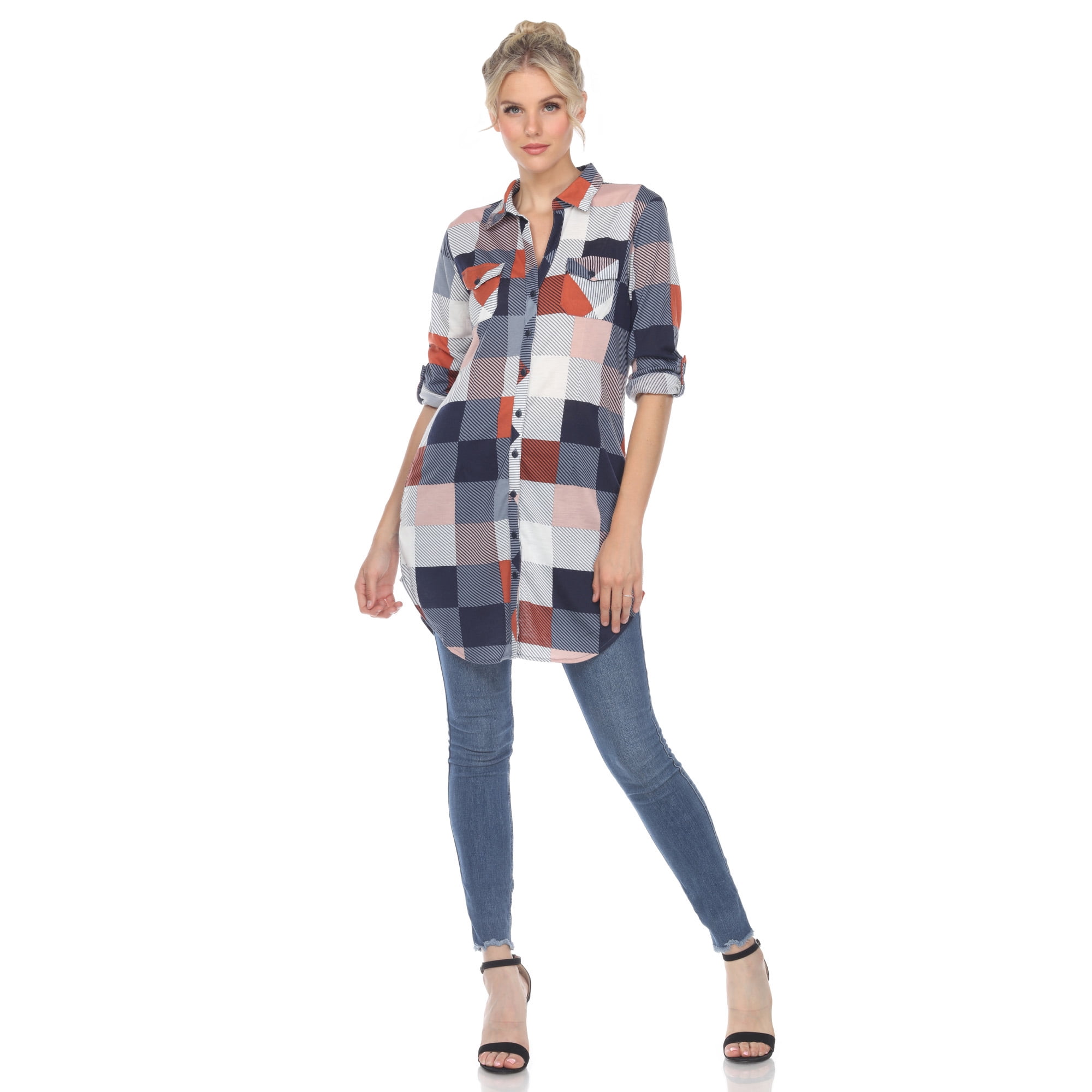 White Mark Women's Light Weight Plaid Print Tunic with Pockets