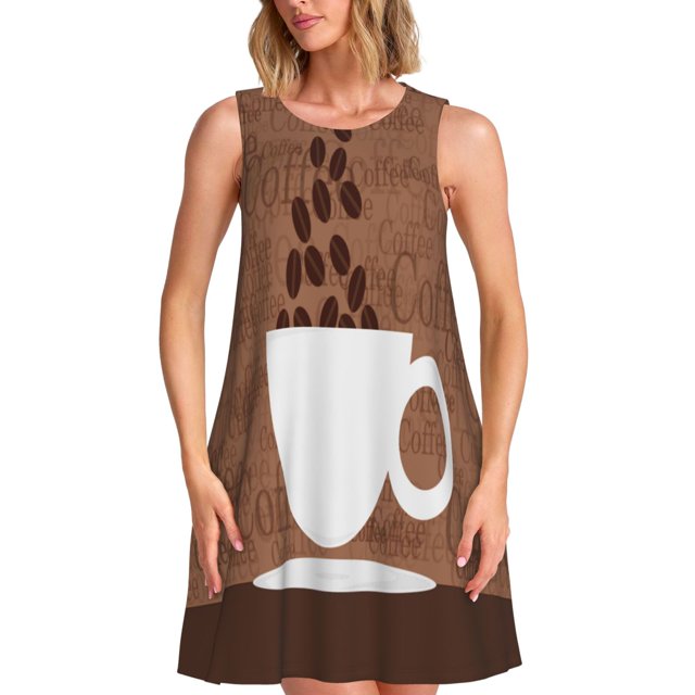 Balery Robe d'Été Sans Manches Motif Tasse de Café pour Femmes – Robe Décontractée et Confortable pour la Plage