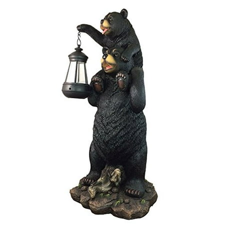 Realistic Black Bear - Rustic Black Bear Carrying Cub On Shoulder Family Statue Solar LED Lantern Light