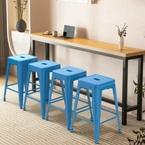 Blue Metal Barstools, 24" High Bar Stools Backless, Indoor-Outdoor Counter Height Stools with Square Seat, Set of 4
