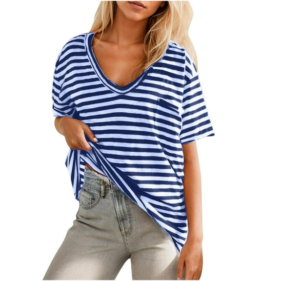 hotojiny Oversized Tshirts for Women Loose Stylish Striped Summet Pocket Tee Lightweight Short Sleeve V Neck Workout Tops