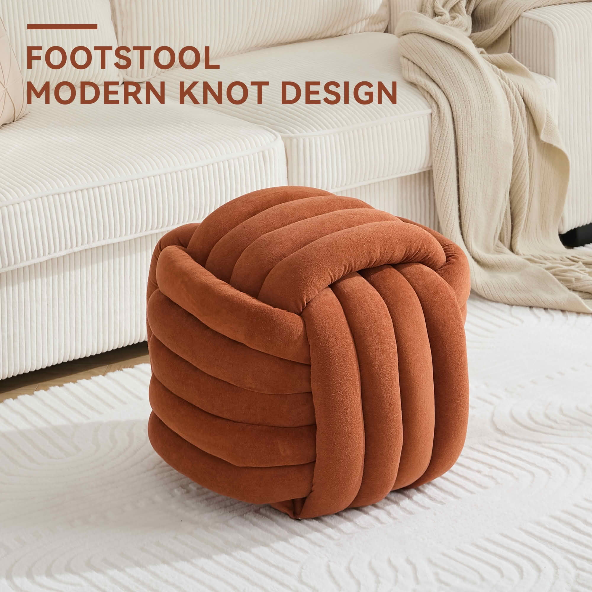 MAYEERTY Chenille Fabric Modern Knot Design Ottoman Makeup Stool Footstool, Comfortable Stylish Seat for Living Room & Bedroom, Orange