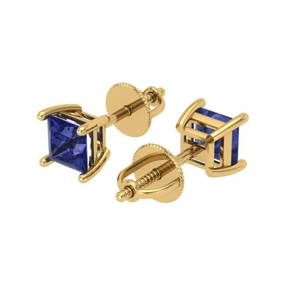 0.5 Ct Princess Cut Studs Blue Tanzanite 14K Yellow Solid Solid Gold Everyday Dainty Earrings Screw Back