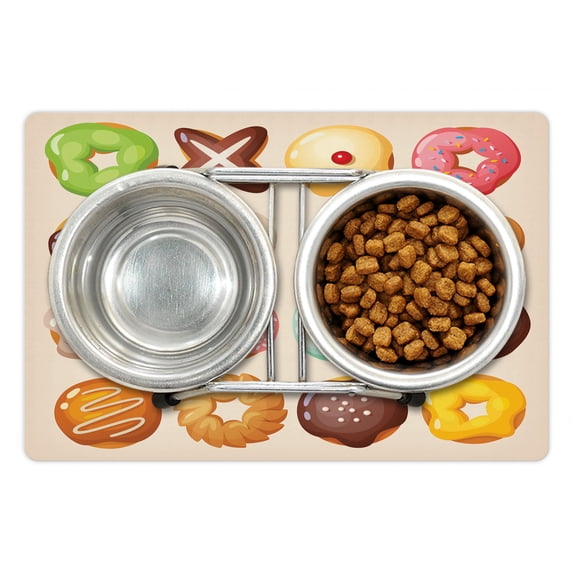 Donut Pet Mat for Food and Water, Different Kinds of Delicious Doughnuts Glazed Jelly Pastries Sugary Treats, Non-Slip Rubber Mat for Dogs and Cats, 18" X 12", by Ambesonne