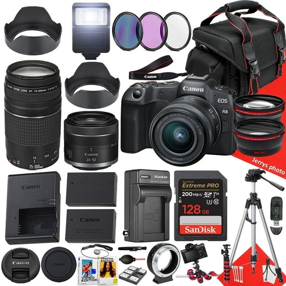 Canon EOS R8 Mirrorless Camera with 24-50mm and 75-300mm Lens   128 GB Memory   Hood   Spare Travel Charger   Filters   Tripod   More (32pc Bundle) (International Version)