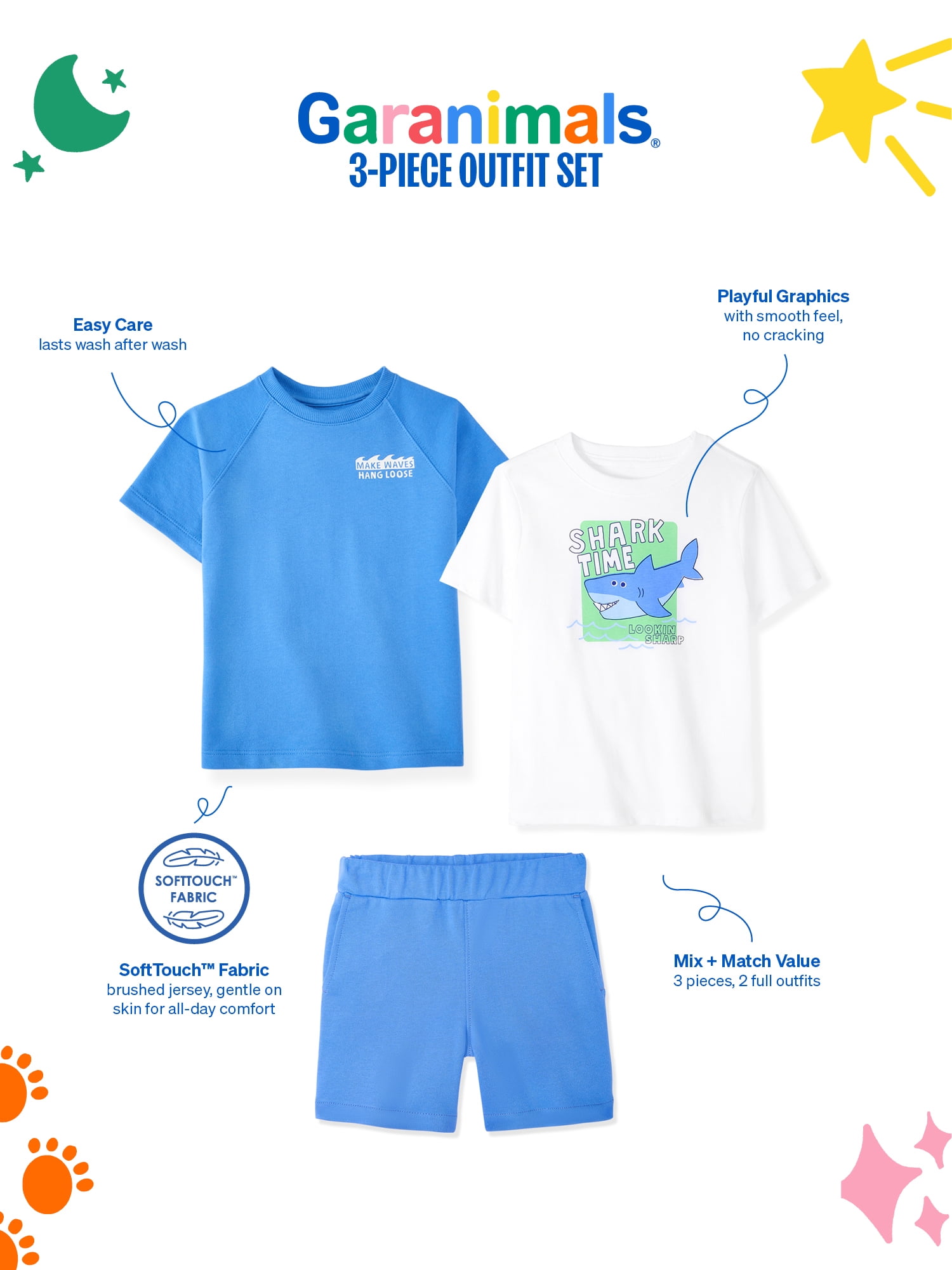 Garanimals Newborn, Baby & Toddler Boy Cotton 3-Piece Set, Graphic T-Shirts & Pull-On Shorts, Sizes 0-6T