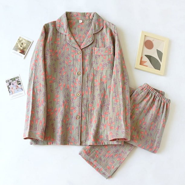 Pijama de gasa de doble capa con solapa para mujer, traje de pantalón fino de manga larga para primavera, verano y otoño
