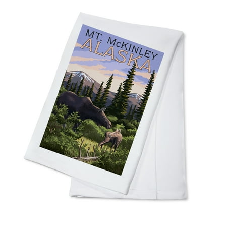 Mt Moose - Mt. McKinley, Alaska - Moose and Calf - Lantern Press Poster (100% Cotton Kitchen Towel)