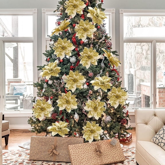 20 Pcs 5.5" Glitter Artificial Christmas Flowers, Christmas Poinsettia Flowers for Christmas Tree Party Garden Stairs Fireplace Porch Church Wreath Decoration(Gold)
