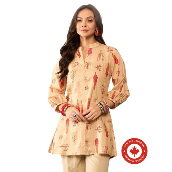 DWEEP SARA Women’s Beige Cotton Blend Floral Printed Regular Top Short Kurti Tunic, L-40